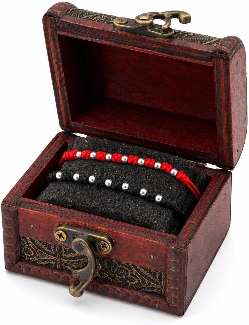 Pulseras del hilo rojo y negro con 7 bolas de plata en su cofre